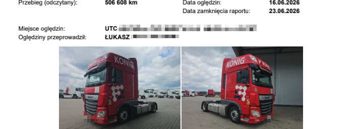 Fragment raportu inspekcji ciężarówki ze zdjęciami